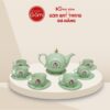 Bộ ấm chén in logo màu xanh lá dáng bưởi lửa vẽ vàng ACQT-03