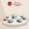 Bộ ấm trà in logo màu trắng dáng quai vuông hoạ tiết hoa sen xanh ACQT-02