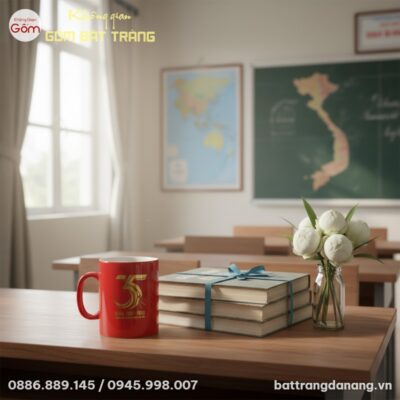 Ly sứ đỏ in logo khóa học nổi bật trên bàn làm ...