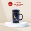 Ly sứ lọc trà in logo màu xanh hoả biến dáng trụ quai C LSQT-04