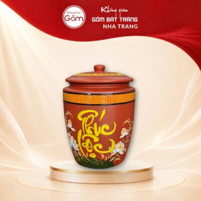 Hũ gạo gốm mộc hoạ tiết khắc nổi chữ Phúc Bát Tràng NT-CG03