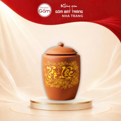 Hũ gạo gốm mộc hoạ tiết vẽ tay Tài Lộc Bát Tràng NT-CG04