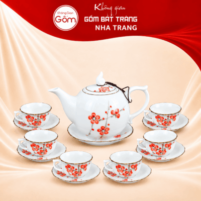 Bộ ấm trà hoạ tiết hoa đào đỏ dáng tròn chóp lửa NT-BAT01