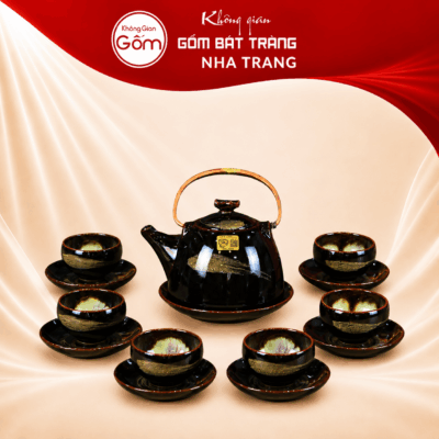 Bộ ấm chén men nâu hoả biến vệt xước ấm dáng chuông quai đồng NT-BAT03