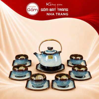 Bộ ấm chén men hoả biến ấm dáng chuông quai đồng hoa nở lòng chén NT-AC02