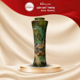 Bình hoa gốm sứ dáng trúc cao men xanh rêu khắc chìm hoa phù dung NT-LH04 - Ảnh đại diện