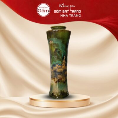 Bình hoa gốm sứ dáng trúc cao men xanh rêu khắc chìm hoa phù dung NT-LH04 - Ảnh đại diện