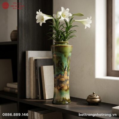 Cận cảnh bình gốm men rạn xanh rêu cao 44cm, cắ...