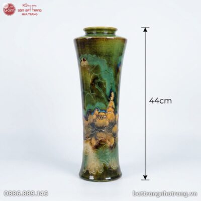 Kích thước Bình hoa gốm sứ dáng trúc cao men xanh rêu khắc chìm hoa phù dung NT-LH04