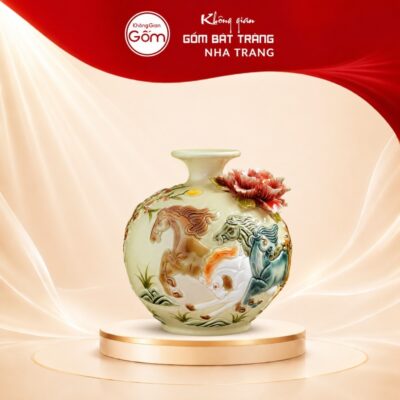 Bình Hút Lộc Bát Tràng Men Rạn Đắp Nổi Mã Đáo Thành Công NT-BHL01
