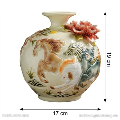 Kích thước Bình Hút Lộc Bát Tràng Men Rạn Đắp Nổi Mã Đáo Thành Công Và Hoa Mai Kèm Mẫu Đơn 3D