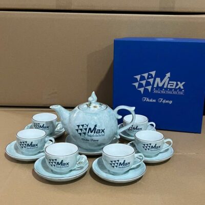 Bộ Ấm Chén Bát Tràng Men Ngọc Lam Vân Đá Vẽ Hoa Mai In Logo NT-ACQT - Chi tiết 1