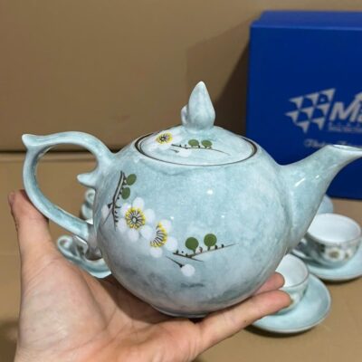 Bộ Ấm Chén Bát Tràng Men Ngọc Lam Vân Đá Vẽ Hoa Mai In Logo NT-ACQT - Chi tiết 2