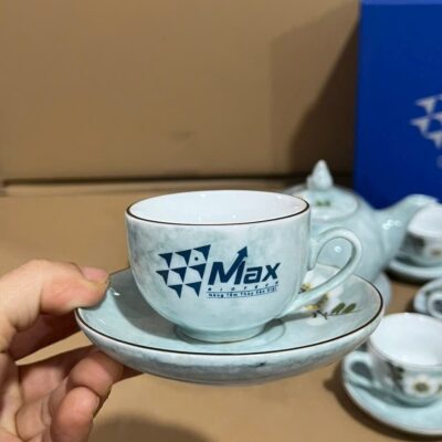 Bộ Ấm Chén Bát Tràng Men Ngọc Lam Vân Đá Vẽ Hoa Mai In Logo NT-ACQT - Chi tiết 4