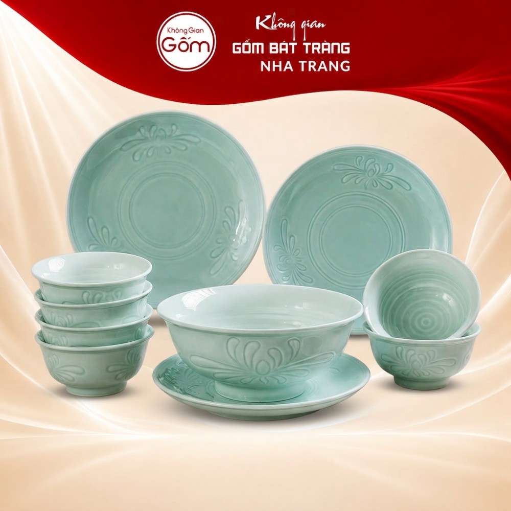 Bộ bát đĩa gia đình 10 món xanh ngọc lục khắc hoa NT-BD04