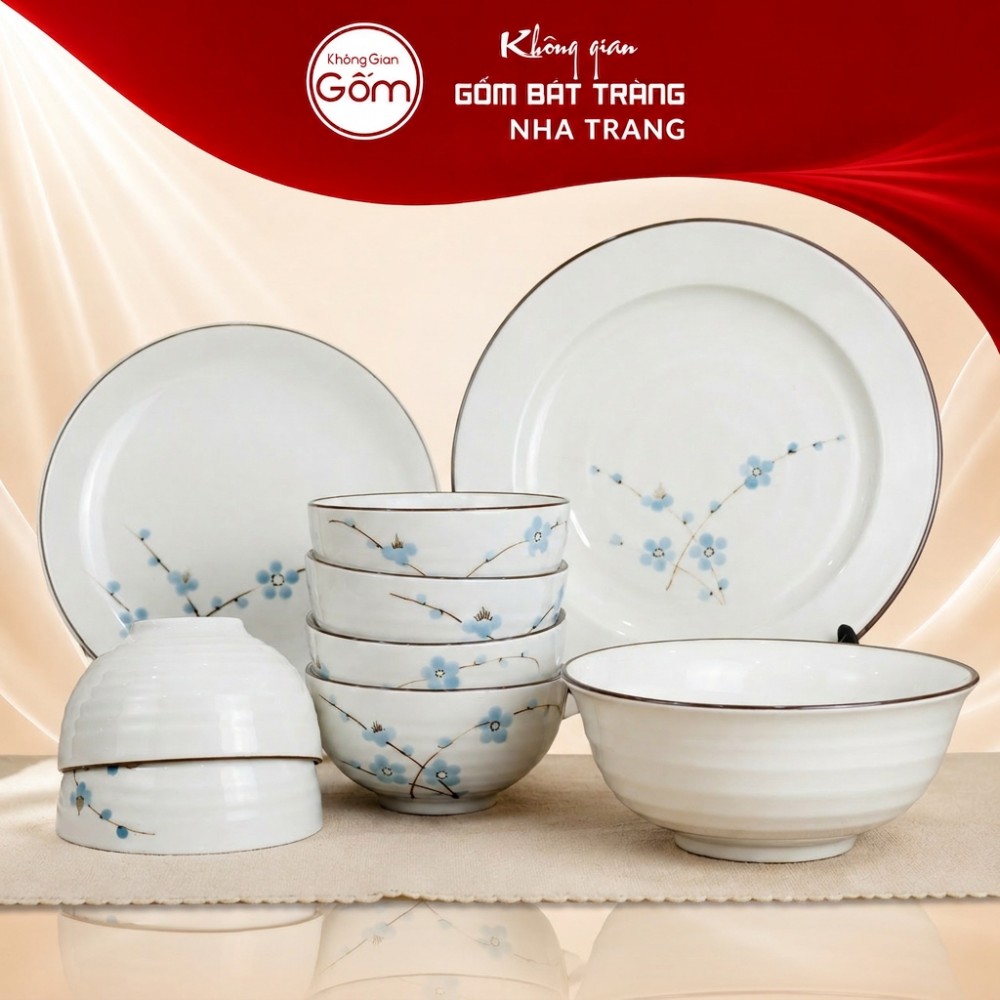 Bộ bát đĩa gia đình 9 món hoạ tiết đào xanh NT-BD03