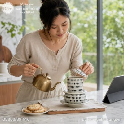 Bộ Phin Cà Phê Gốm Sứ Bát Tràng Họa Tiết Giọt Nước Hiện Đại NT-PCF02 - Chi tiết 2