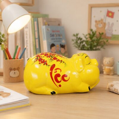 Heo Đất Dáng Phệ Nằm Men Vàng Vẽ Tay Chữ Phúc Lộc Hoa Mai NT-HD02 - Chi tiết 1