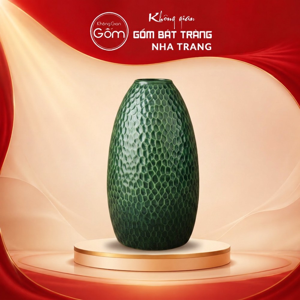 Lọ hoa dáng chuông hoạ tiết tổ ong men lục bảo Bát Tràng NT-LH01