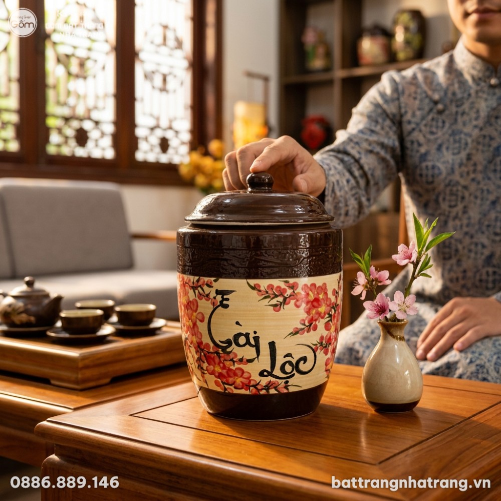 Hũ gạo sứ 'Tài Lộc' được đặt như một món quà tâ...