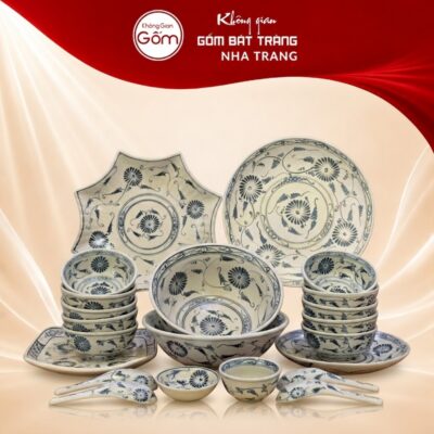 Bộ bát đĩa gia đình 22 món men rạn hoạ tiết cúc đen NT-BD08