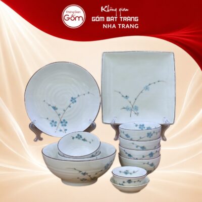 Bộ bát đĩa gia đình 11 món sứ trắng hoạ tiết đào xanh NT-BD09 - Ảnh đại diện