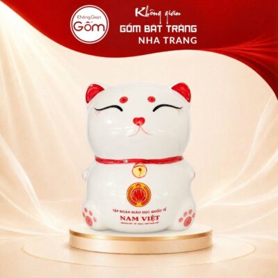 Ống Tiết Kiệm Mèo Thần Tài Sứ Trắng Bát Tràng In Logo NT-HDQT01