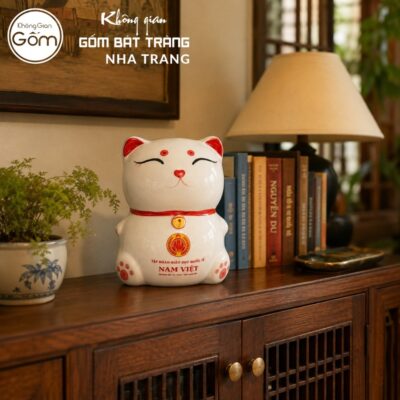 Ống Tiết Kiệm Mèo Thần Tài Sứ Trắng Bát Tràng In Logo NT-HDQT01 - Chi tiết 3