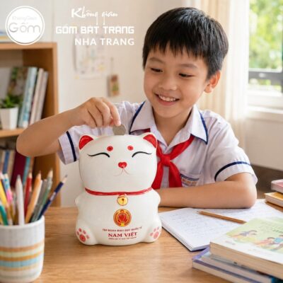 Ống Tiết Kiệm Mèo Thần Tài Sứ Trắng Bát Tràng In Logo NT-HDQT01 - Chi tiết 4
