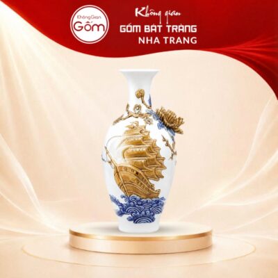 Bảo bình Bát Tràng men trắng dát vàng Thuận Buồm Xuôi Gió NT-BB08