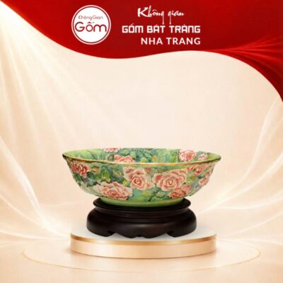Bát nước tụ thủy men lục bảo họa tiết hoa hồng phú quý vẽ vàng kim NT-BNTT02
