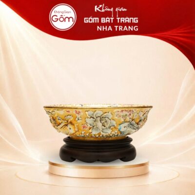 Bát nước tụ thủy men vàng vẽ nổi Ngũ Ngư Thưởng Liên NT-BNTT05