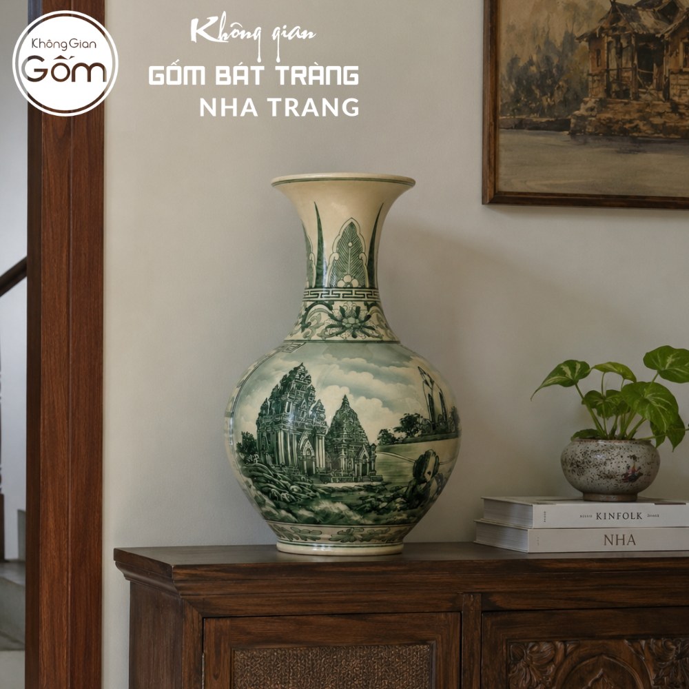 Bình gốm Bát Tràng hoa văn Tháp Bà Ponagar