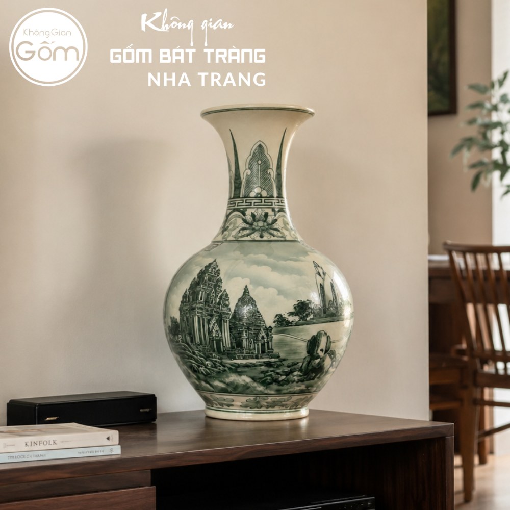 Bình gốm Bát Tràng hoa văn Tháp Bà Ponagar