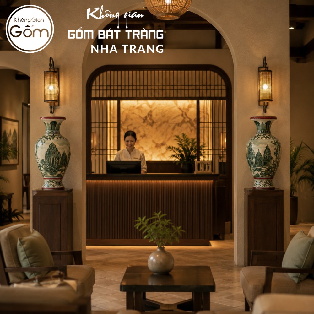 Bình gốm Bát Tràng họa tiết Tháp Bà Ponagar