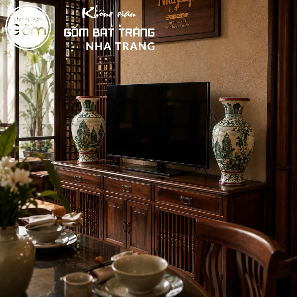 Bình gốm Bát Tràng họa tiết Tháp Bà Ponagar