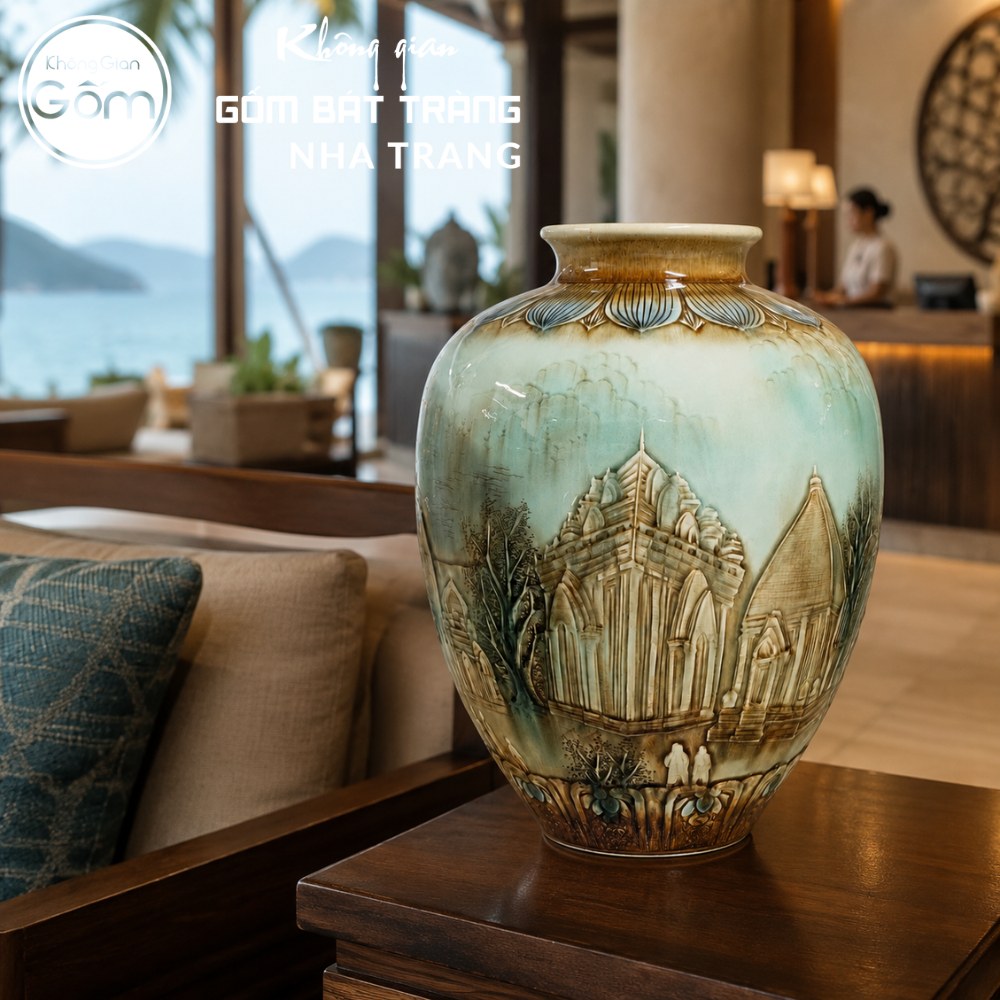 Bình gốm Bát Tràng hoa văn Tháp Bà Ponagar