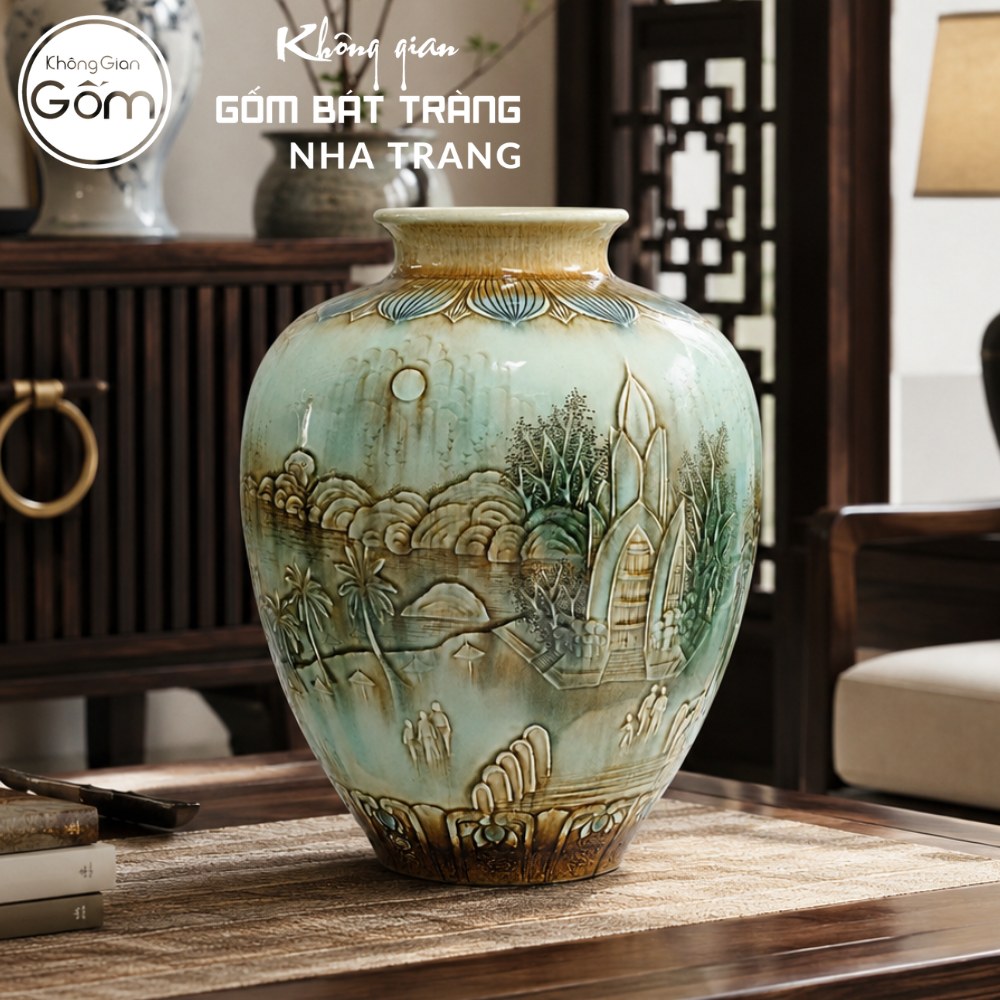 Bình gốm họa tiết Tháp Trầm Hương 