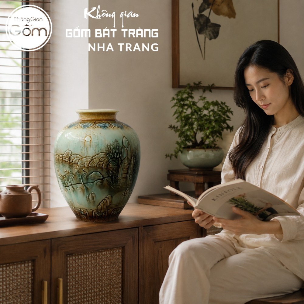 Bình gốm Bát Tràng họa tiết Tháp Trầm Hương