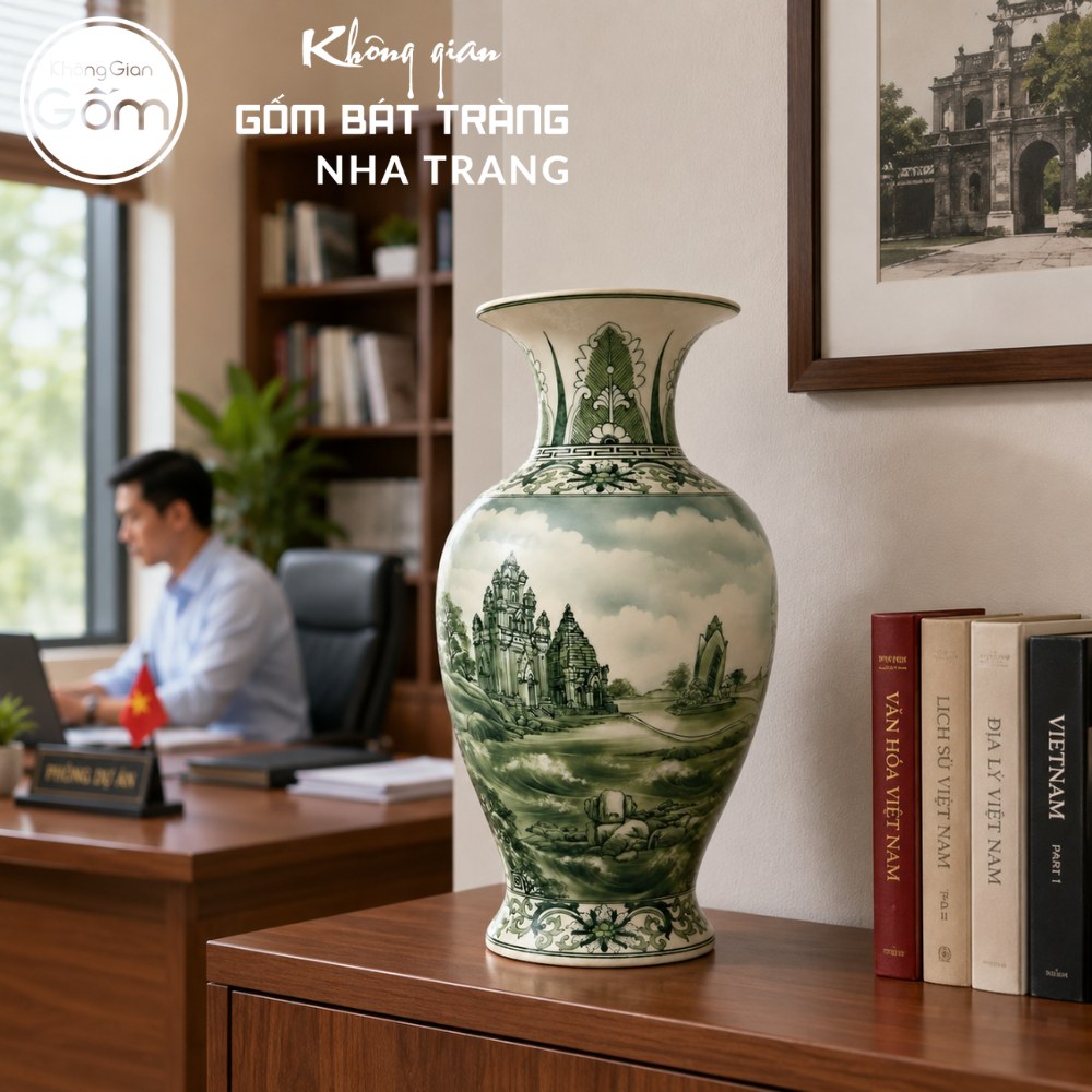 Bình gốm Bát Tràng hoa văn Tháp Bà Ponagar
