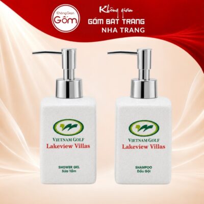 Bộ 2 bình gốm sứ in logo đựng dầu gội sữa tắm màu kem men cát lấm tấm NT-PKNT01 - Ảnh đại diện