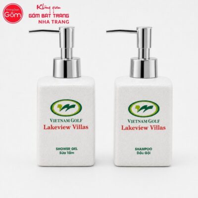 Bộ 2 bình gốm sứ in logo đựng dầu gội sữa tắm màu kem men cát lấm tấm NT-PKNT01 - Chi tiết 1