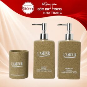 Bộ 2 bình đựng dầu gội sữa tắm và 1 cốc sứ in logo màu nâu men cát NT-PKNT02 - Ảnh đại diện