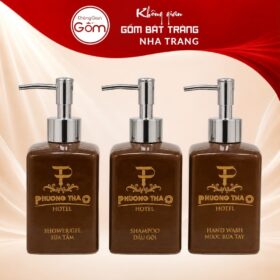 Bộ 3 bình gốm sứ in logo đựng dầu gội sữa tắm nước rửa tay màu nâu men màu bóng NT-PKNT06 - Ảnh đại diện