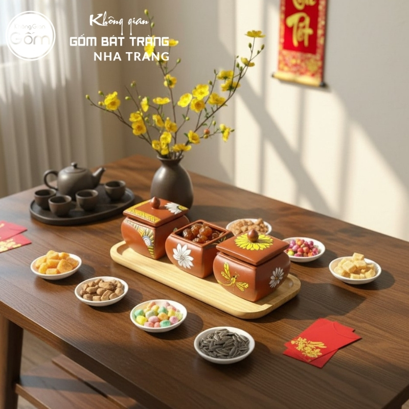 Bộ 3 hũ đựng mứt gốm sứ Bát Tràng họa tiết thổ cẩm NT-KM01 - Ảnh 6
