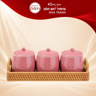 Bộ 3 hũ đựng mứt Tết men hỏa biến ruby hồng đào khay mây NT-KM07