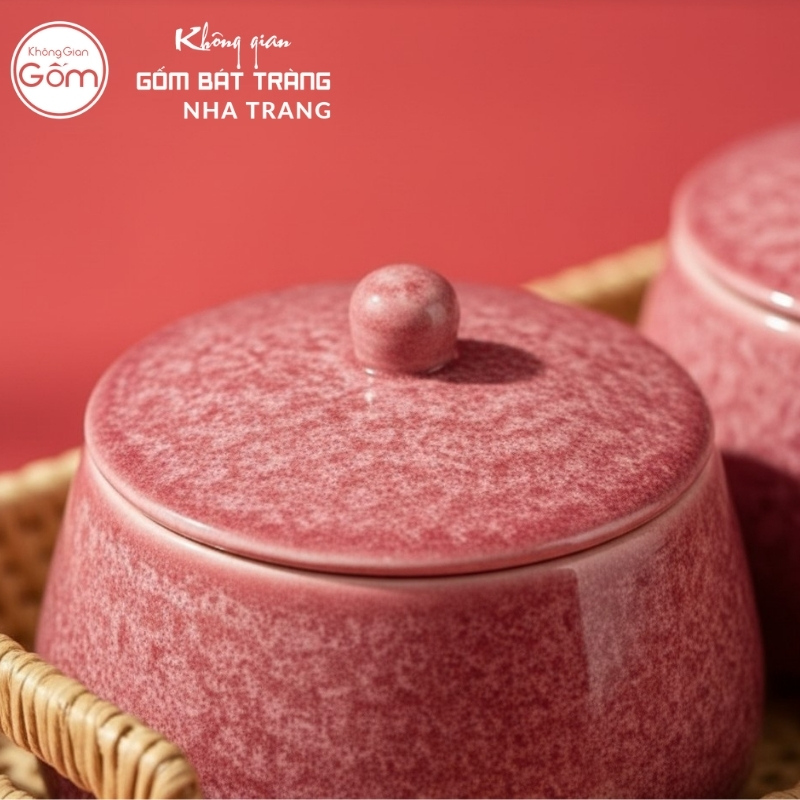 Bộ 3 hũ đựng mứt Tết men hỏa biến ruby hồng đào khay mây NT-KM07 - Ảnh 3