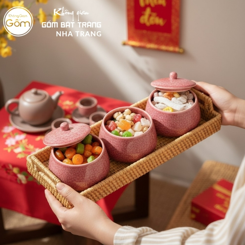 Bộ 3 hũ đựng mứt Tết men hỏa biến ruby hồng đào khay mây NT-KM07 - Ảnh 6
