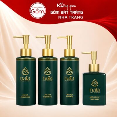 Bộ 4 bình gốm sứ in logo đựng dầu gội, dầu xả, sữa tắm, nước rửa tay màu xanh lục NT-PKNT08 - Ảnh đại diện