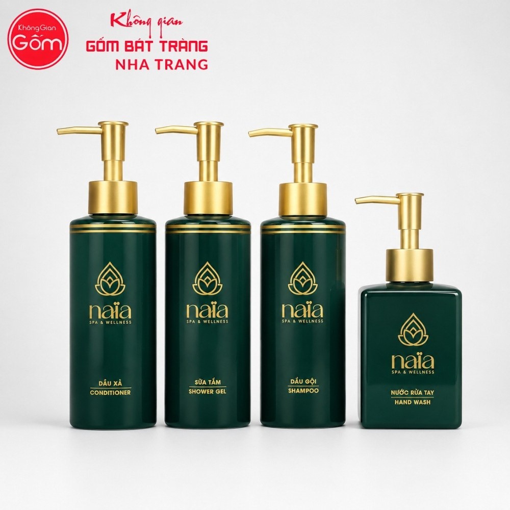 Bộ 4 bình gốm sứ in logo đựng dầu gội, dầu xả, sữa tắm, nước rửa tay màu xanh lục NT-PKNT08 - Chi tiết 1